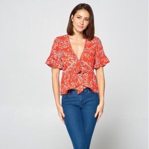 Red Flora Tie Front Top